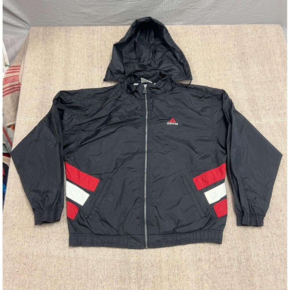 Vintage‎ Adidas Windbreaker Jacket Mens Large Black 1990s Zip Up